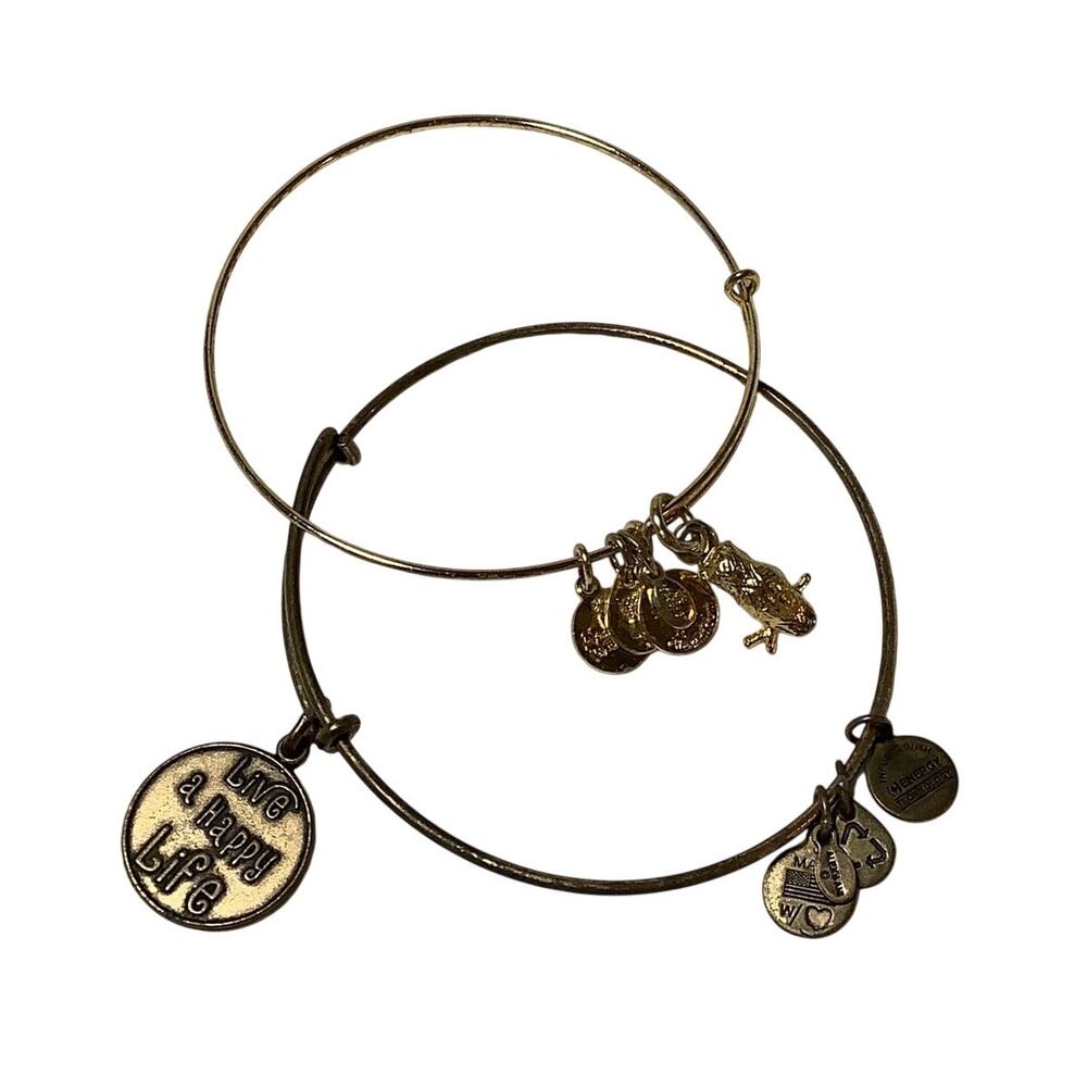 Alex and Ani Gold Tone Set of 2 Live a Happy Life Charm Bangle Bracelet F17-24